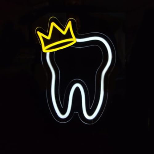 HFHungkeong Zahn Neonschild mit Krone,LED Neonschild,Zahndekoration, Zahnarztpraxis Licht,Zahnarztzubehör Dekoration,LED Neonschilder für Zahnmedizin Wanddekoration Geschäftsschild Geschenk,35x27CM