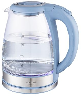MICHELINO 1,8 Liter Glas-Wasserkocher Alythia Glaswasserkocher 1800 Watt Heißwasserbereiter elektrischer Teekkessel Wasserkessel Teekocher (hellblau)