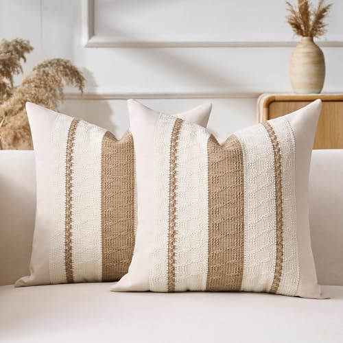 Aisybaklyn Kissenbezug 45x45 2er Dekokissen Kissenhüllen Boho Deko Baumwolle Sofakissen Braun Gestreift Gewebt Strukturiert Moderner Bauernhaus Dekorative Kissenbezüge für Sofa Schlafzimmer Wohnzimmer