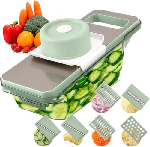 Yuirshion Gemüsehobel Edelstahl,7 in 1 Multifunktional Panel Gemüsehobel,Leicht Abtropfender Vegetable Chopper Dicer,Mit Abflusskorb und 6 Klingen-Grün