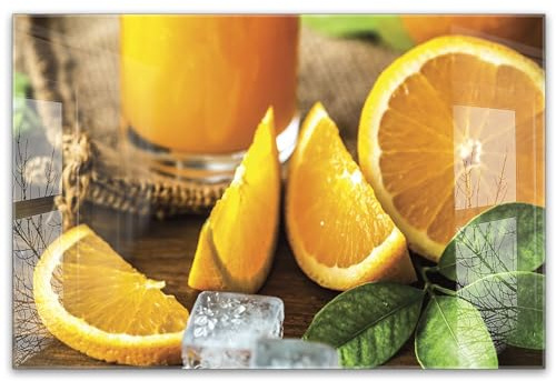 timalo Küchenbild aus Acrylglas modernes Wandbild Glasbild Deko Küche XXL Acryl-Bild wie Glas | 60x40cm Frische Orangen Orangensaft, Eiswürfel