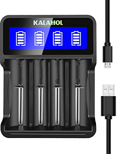KALAHOL 4 Slot Universal Battery Charger for 18650. LCD Display Real Time Status. Micro USB Ideal for Ni - MH/Ni - Cd A, AA, AAA Batteries. Flashlights, Toys, Clocks, and Keyboards Can All Use