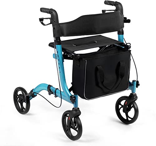 FANTASK 2 in 1 Aluminium Rollstuhl Rollator, faltbar & leicht Reiserollator mit Sitz & abnehmbarem Aufbewahrungsbeutel, Laufhilfe höhenverstellbar für Senioren und Erwachsene (Blau)
