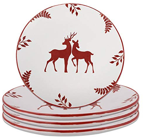 Stoneware Dinner Plate Set of 4 White Reindeer Dishwasher Microwave Safe Dinner Plates - D28cm