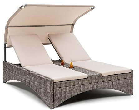 Blumfeldt Sunbed Transat Jardin Double, Bain de Soleil, Chaise Longue Exterieur en Rotin avec Dossier Inclinable Réglable, Pares Soleil et Auvent, Fauteuil Doubles avec Toit Ouvrant et Toile Hydrofuge