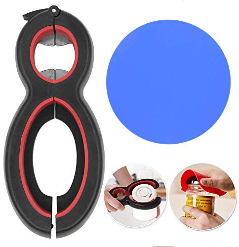 Ouvre-bouteilles multifonctions avec pince pour récipients en silicone, ouvre-boîtes de bière 6 en 1 et tapis antidérapant pour mains faibles/ personnes âgées/personnes souffrant d'arthrite/cuisine