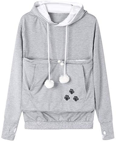 Dresswel Damen Kapuzenpullover Pulli mit Hundetasche Katzen Hund Tasche Hoodie Katze Sweatshirt Pullover mit Kapuze Katzenpulli Beutel Langarm Herbst Winter