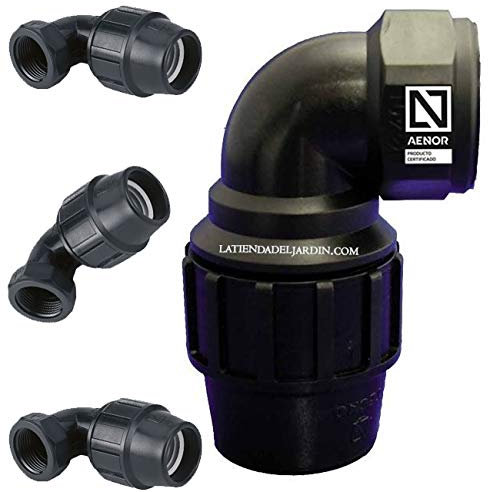 Suinga Confezione da 4 x gomito femmina in polietilene 25 mm x 3/4 Prodotto con certificato AENOR utilizzato in tubi PE 25 mm per uso idraulico, irrigazione e cantiere.