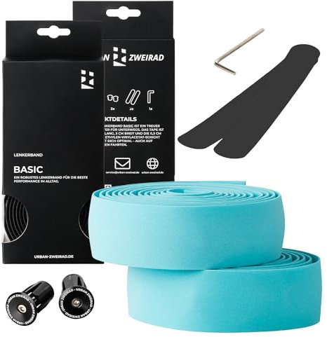 URBAN ZWEIRAD - Lenkerband Rennrad Celeste - inkl. Endstopfen und Klebestreifen - Griffband Rennrad Türkis extra griffig - 200 cm x 3 cm - 3 mm Stärke