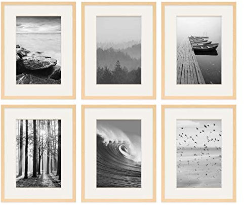 PHOTOLINI Bilderrahmen 30x40 Holz MDF Natur, 6er Set Bilderrahmen 40x30 cm mit Passepartout, bruchsicheres Acrylglas, Rahmen 30 x 40 zum Aufhängen, extra Zubehör - Rahmen 30x40 für Fotos & Poster