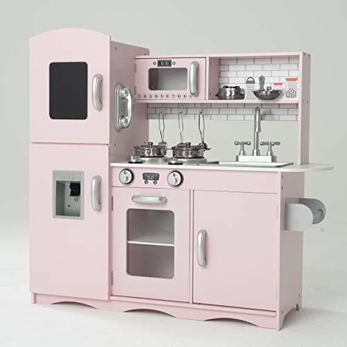KIDOZ Signature Kids Wooden Kitchen, Large Pretend Role Play Kitchen With Realistic Oven, Microwave and Sink With Taps, Kitchen Playset With Sounds And Lights For Kids (Pink Kitchen With Utensils)