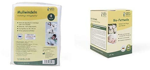 GRÜNSPECHT Naturprodukte 598-00 Mullwindeln, weiß, 8 Stück + Grünspecht 638-00 Bio-Fettwolle, kbT, Rohwolle, Schafwolle mit hohem Lanolingehalt zur Haut- und Babypflege, 50 g