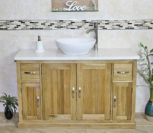 bathrooms & more store Oak Bathroom Vanity Unit 123cm Wide with White Marble Top & Ceramic Bowl Set (Bowl B)