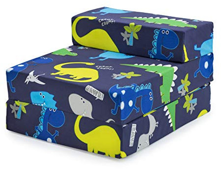 Ready Steady Bed Klappbares Kinder Schlafsofa für Kinder | Einzelner klappbarer Schlafsessel für Kinder | Bequeme Kinderzimmermöbel für Wohnzimmer und Spielzimmer (Dino Dunkel)