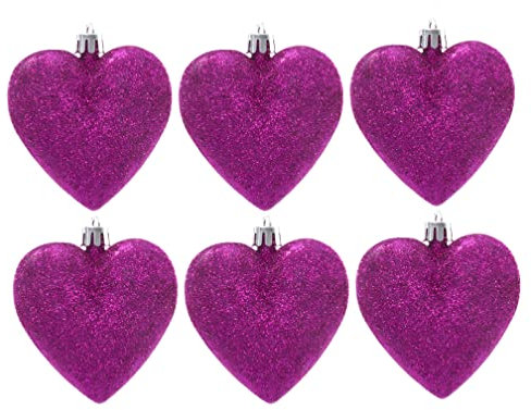 Simply Products 6 Heart Baubles - Great Christmas Tree Decorations, Glitter Heart Baubles (Hot Pink Glitter)