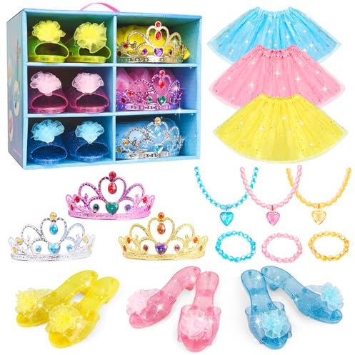 MELAND Princess Dress Up Shoes - 3 Set Girls Princess Costumes with Crowns Tiaras, Princess Shoes, Accessories for 3 4 5 6 Year Old Girls Toys Birthday Gifts