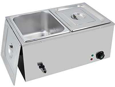 TAIMIKO Elektrisches Wasserbad aus Edelstahl, 220 – 240 V, 1500 W, Kommerziell Speisewärmer, Bain Marie 2 Behälter, Töpfe mit Ablassventil, Temperaturkontrolle
