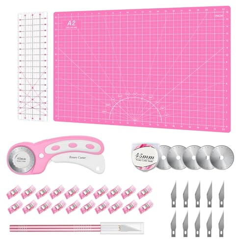 Rollschneider-Set Rosa - Quilt-Kit inkl. 45 mm Stoffschneider, 5 Ersatzklingen, A2-Schneidematte, Acryl-Quilt-Lineal und Nähclips, Bastelmesser-Set, ideal zum Basteln, Nähen, Patchworken