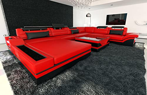 XXL Sofa Wohnlandschaft Mezzo Leder - mit LED Beleuchtung, verstellbare Kopfstützen, Recamiere/Lederfarben wählbar/Ausrichtung Ottomane wählbar (Ottomane rechts, Rot-Schwarz)