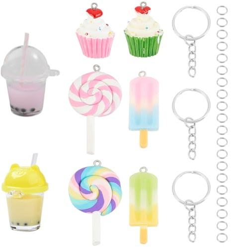 SUNNYCLUE DIY 36 STÜCKE Milchtee Schlüsselanhänger Bastelset Regenbogen Lollipop Harz Anhänger Mit Geteilten Schlüsselanhängern & Split Ringen Für Ohrring Armband Halskette Schlüsselanhänger Schmuck B