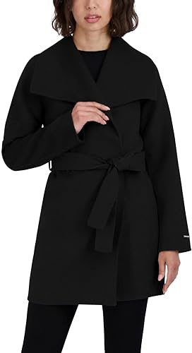 TAHARI Women's Wool Wrap Coat with Tie Belt, Black, L