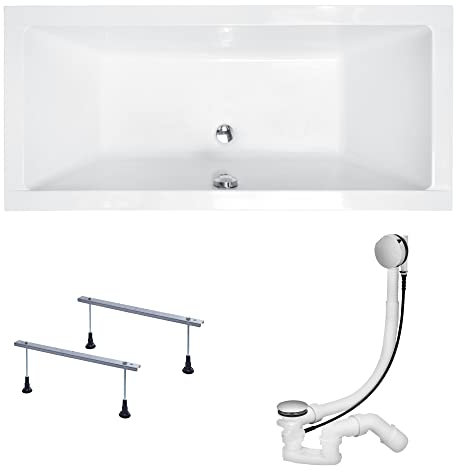 KOLMAN Badewanne QUADRO SLIM Rechteck 190x90 ohne Verkleidung, Ablaufgarnitur und Füßen Komplettset 3in1 Premium Original Acryl Wanne Siphon