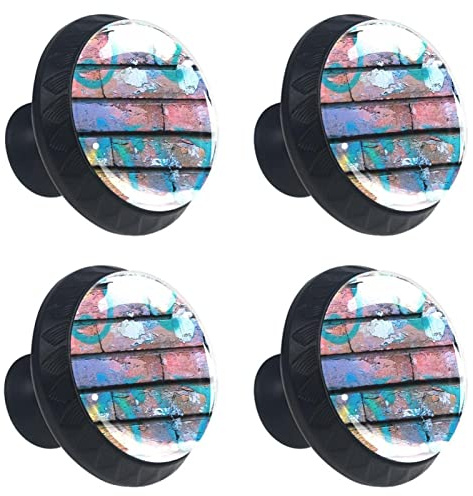 VAPOKF 4 pièces Mur de briques graffiti aquarelle Poignées de tiroir rondes en verre cristal de 30 mm avec vis pour armoire de cuisine, armoire, placard, maison et bureau