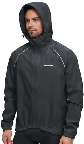 BERGRISAR Herren Fahrradjacke Wasserdicht Atmungsaktiv Fahrrad Regenjacke mit Kapuze Leich Windbreaker Laufjacke Wanderjacke Schwarz X-Groß