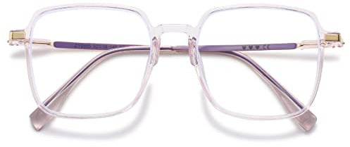 VEVESMUNDO Blaulichtfilter Lesebrille Metall Groß Stylisch Rechteckig Anti Blaulicht Lesehilfen Sehhilfe Brille für Damen Herren (1 Stück Transparent Lila Brille, 1.5)