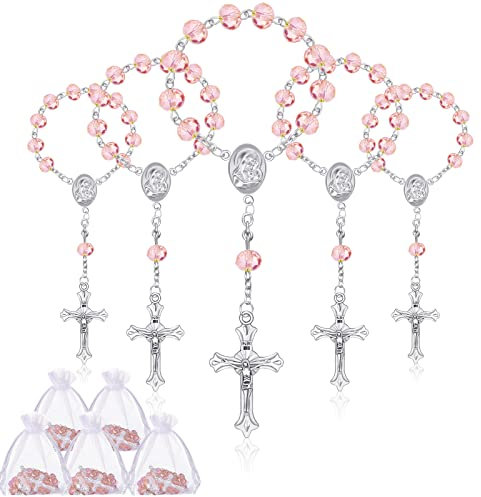 Yinkin 30 mini rosari cattolici per battesimo, matrimonio, prima comunione, Metallo, cristallo, organza, Corallo