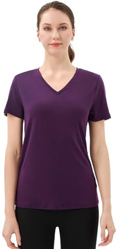 Merino Protect 100% Merino Shirt Damen Kurzarm V-Ausschnitt Geruchsabweisendes T-Shirt Merinowolle Unterwäsche Komfort Merino Wolle Tshirt Unterhemd (Dunkelviolett,Groß)