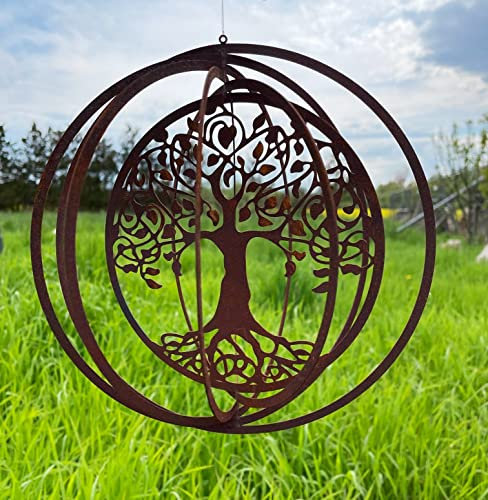 Windspiel Spirale Lebensbaum 21cm Baum filigran Gartendeko Rost Deko Metall Hänger Fensterdekoration Balkon Terrasse Garten Geschenk