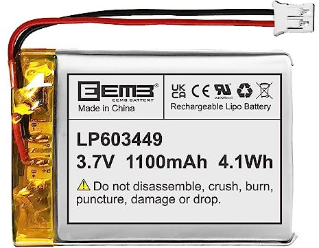 EEMB 3.7V 1100mAh 603449 Lithium Polymer Battery Rechargeable Battery Pack lipo Battery with wire JST Connector-confirm device & connector polarity before purchase