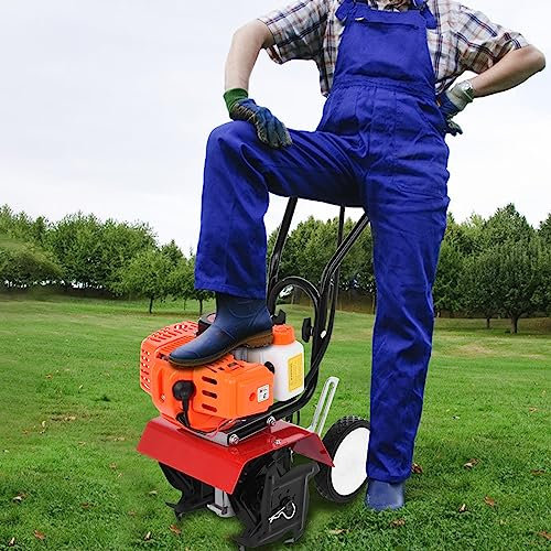 HshDUti Motozappa da giardino 52CC,Motozappa da giardino a 2 tempi 3HP,9000 giri/min, serbatoio carburante 1,2 l, coltivatore di profondità di lavoro da 6 pollici Rotovator arancione