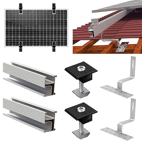 Solar Halterung Ziegeldach Montage Set, Upgrade Module 300MM Module Befestigung Schiene Dachhaken, Ziegeldach Montageschiene Set, Schwarz Einstellbare Klemmen für Modul Dicke 35mm