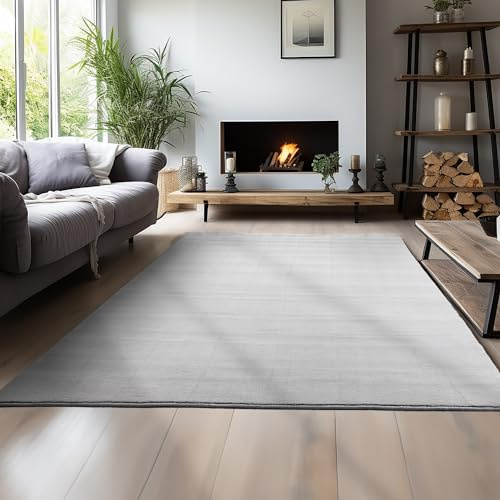 Teppium Waschbarer Teppich Wohnzimmer, Kurzflor rutschfest Flauschig Weich, Einfarbig Silber, Felloptik, Super Soft, Grösse 160 x 230 cm