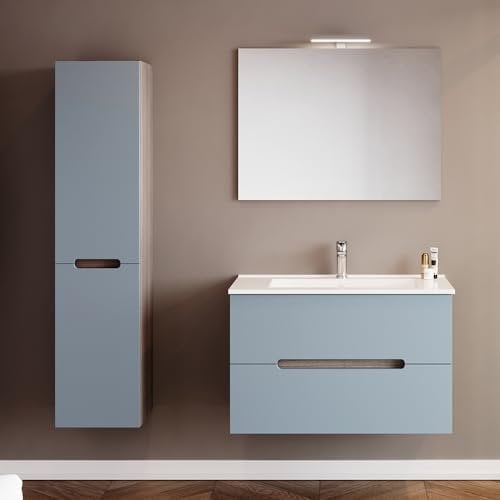 Mobile Bagno sospeso 80 cm Blu Pastello e Rovere Fumo, in Legno con 2 cassetti Soft-Close, lavabo in Ceramica e Specchio Reversibile 80x60 LED, Iris