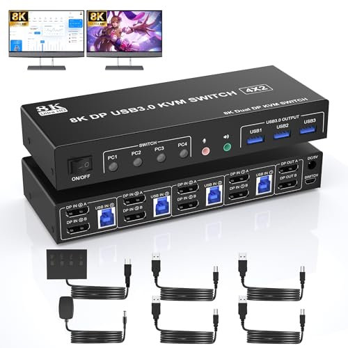 8K60Hz Displayport KVM Switch 2 Monitors 4 Computers, 4K120Hz Dual Monitor Conmutador KVM Switcher DP1.4 Para 4 Ordenadores Que Comparten 2 Monitores y 3 Dispositivos USB 3.0 y Salida Audio Micrófono
