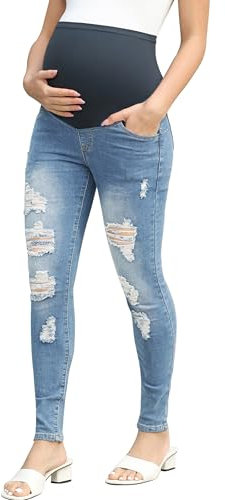 Maacie Pantalon de maternité en jean extensible - Taille haute - Pour femme enceinte, Noir et bleu clair., L