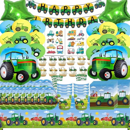 130 Stück Traktor Partygeschirr Kindergeburtstag 20 Gäste, Traktor Geburtstags Geschirrset, Pappteller Trecker, Traktor Luftballon, Traktor Geburtstag Deko Tassen Servietten Traktor Tischdecke Banner