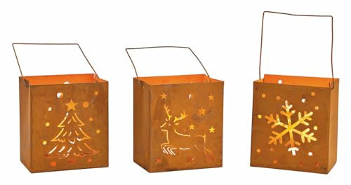3er Set Teelichthalter Rost-Optik Weihnachten Tannenbaum Schneeflocke Hirsch Advent Windlicht Kerzenhalter
