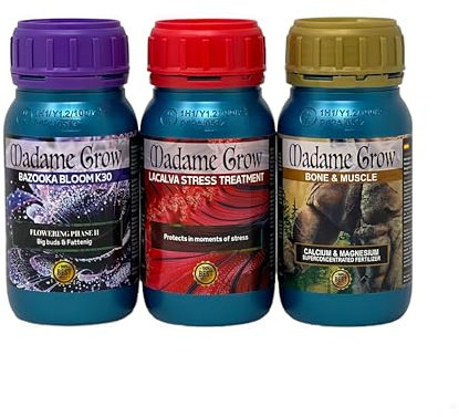 Madame Grow - Kit Alaba - Fertilizantes Naturales - Estimula el Crecimiento, Previene el Estrés y Mejora el Desarrollo - Bazooka Bloom, Lacalva Stress y Bone & Muscle - 3 x 250 ml c/u