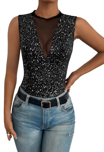 GORGLITTER Damen Top Tanktop mit Netzstoff Oberteil Ohne Ärmel Partytops Slim Tops für Festivals Schwarz mit Glitzer M
