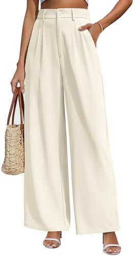 Yuson Girl Pantaloni Donna Eleganti Pantalone Sciolto Gamba Dritta Palazzo Vita Alta Comodi Pantaloni Leggeri Elastico Estivi Pantaloni Lunghi con Tasche per Business, Casual(Beige, L)