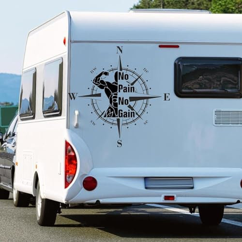 Rakelfix Kompass No Pain no Gain Gym Body-Buliding Muskeln Aufkleber freie Größe&Farbe Auto Camper Wohnmobil Caravan Autoaufkleber Wohnwagen Sticker Kompassrose