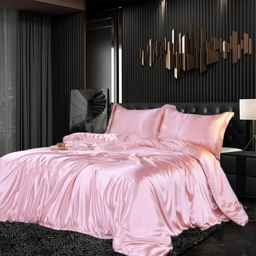 Bettwäsche Set Satin 135x200cm 4teilig Rosa Silky Touch Glänzend Seide Einfarbig Bettbezug Set Glatt Luxus Hellrosa Bettwäsche Set weicher Doppelbettmit Reissverschluss und Kissenbezüge 80x80cm