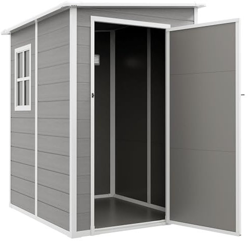 Outsunny Casetta da Giardino Porta Attrezzi in Finitura Effetto Legno Graffiato con Pavimento, 1.54m² Capanno da Giardino con Porta e Serratura, Tetto Inclinato, 122x149x192 cm, Grigio