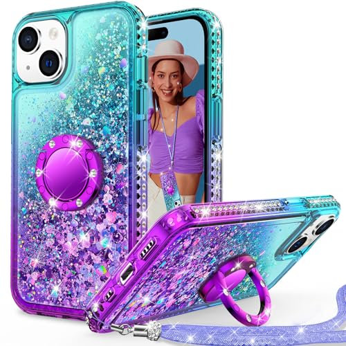 Unlicaku for iPhone 15 Case with Stand, Sparkle Glitter Case with Ring and Lanyard, Women Girls Luxury Cute Bling Diamond Protective Phone Cover for iPhone 15, Purple