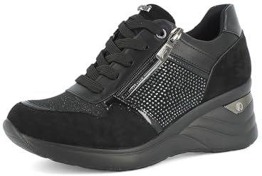 inblu Sneakers Donna con Lacci e Cerniera, Inserto Brillantinato e Tacco 6cm, Scarpe da Ginnastica, Nero, 36 EU
