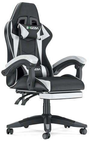 bigzzia Gaming Chair with Footrest and Ergonomic Computer Chair Reclining PU Leather High Back Video Game Chair with Headrest Adjustable Lumbar Support Linkage Armrest for Adults (Black/White)